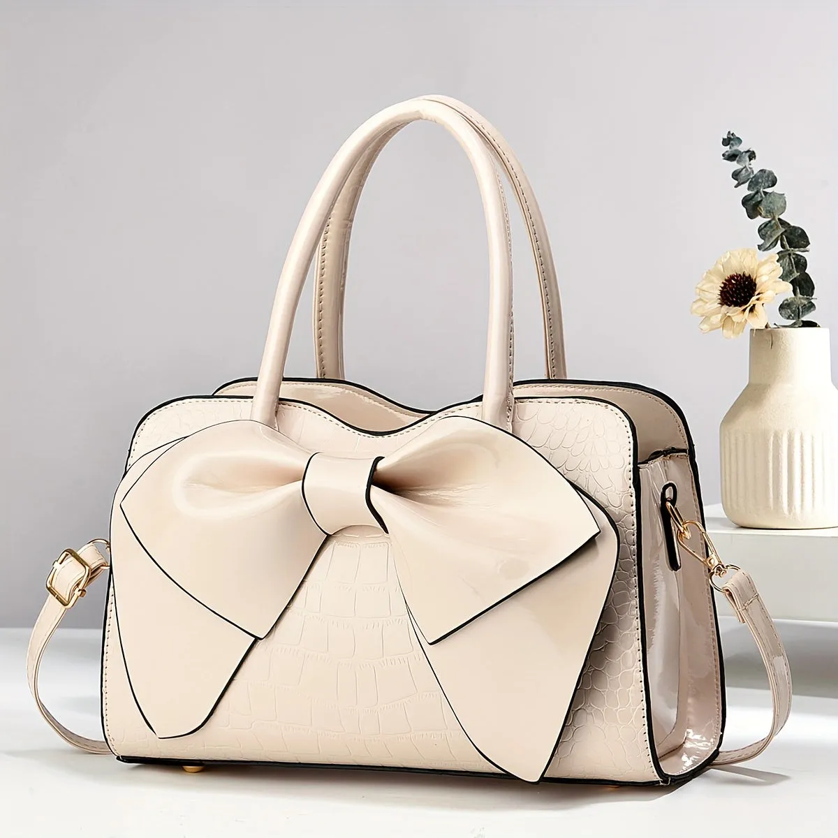 Large Capacity Stylish Tote Bag – Glossy Finish with Bow Accent & Crocodile Texture