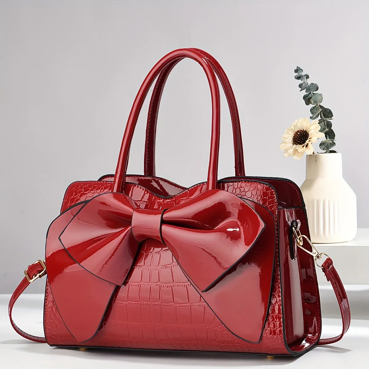 Large Capacity Stylish Tote Bag – Glossy Finish with Bow Accent & Crocodile Texture
