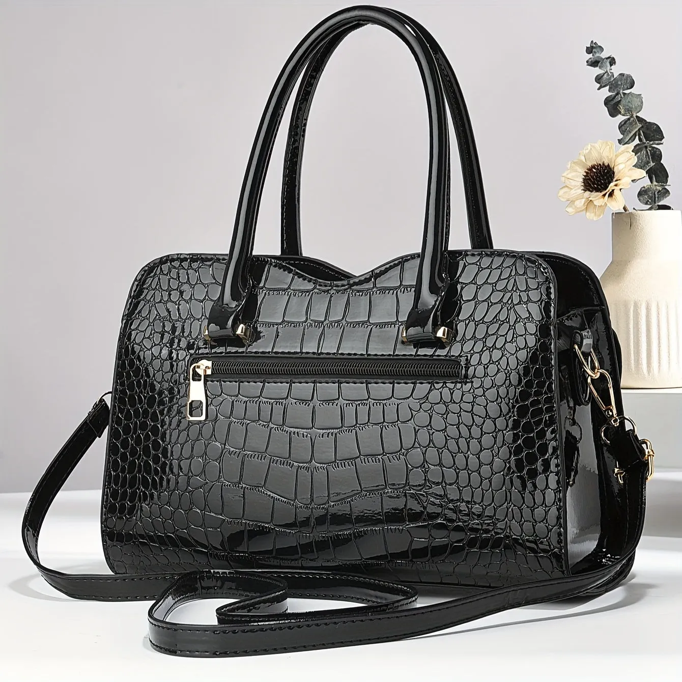 Large Capacity Stylish Tote Bag – Glossy Finish with Bow Accent & Crocodile Texture