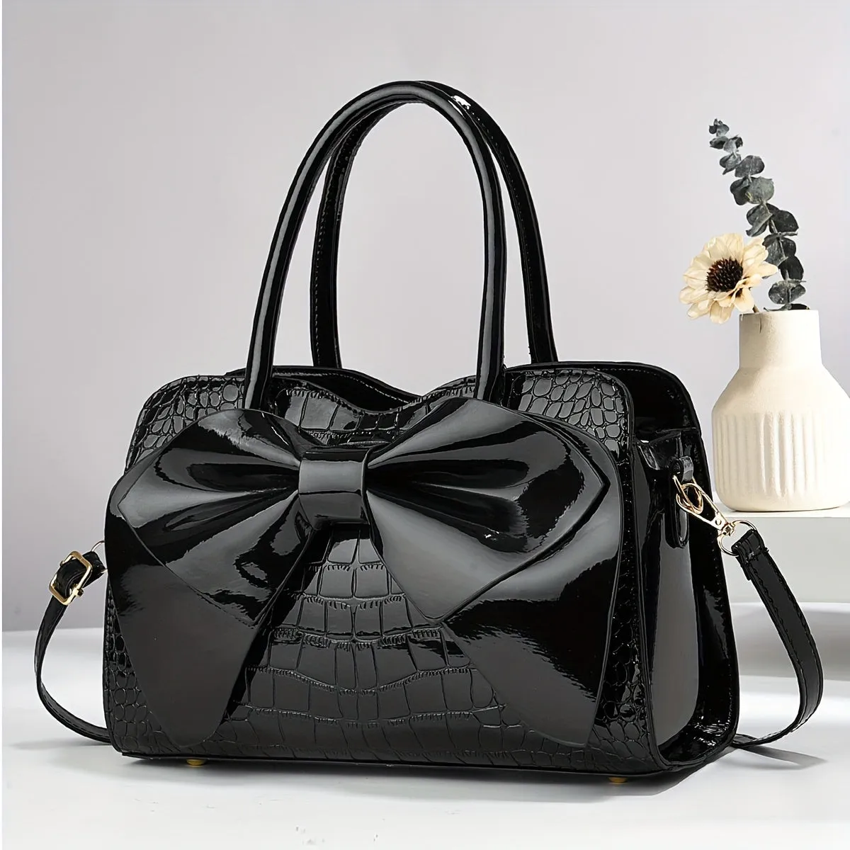 Large Capacity Stylish Tote Bag – Glossy Finish with Bow Accent & Crocodile Texture