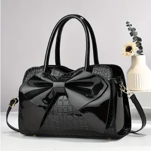Large Capacity Stylish Tote Bag – Glossy Finish with Bow Accent & Crocodile Texture