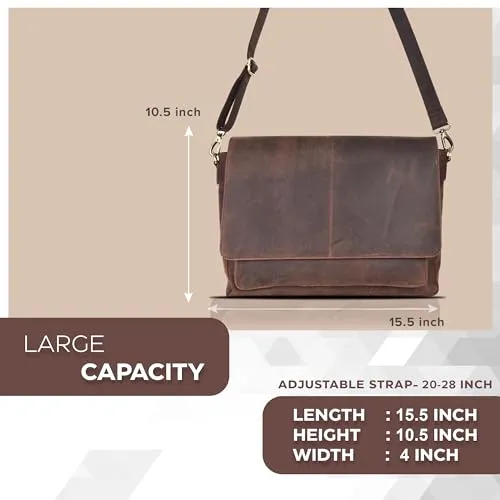 Leather messenger bag for men & women- Laptop briefcase bag for college,office adjustable shoulder strap