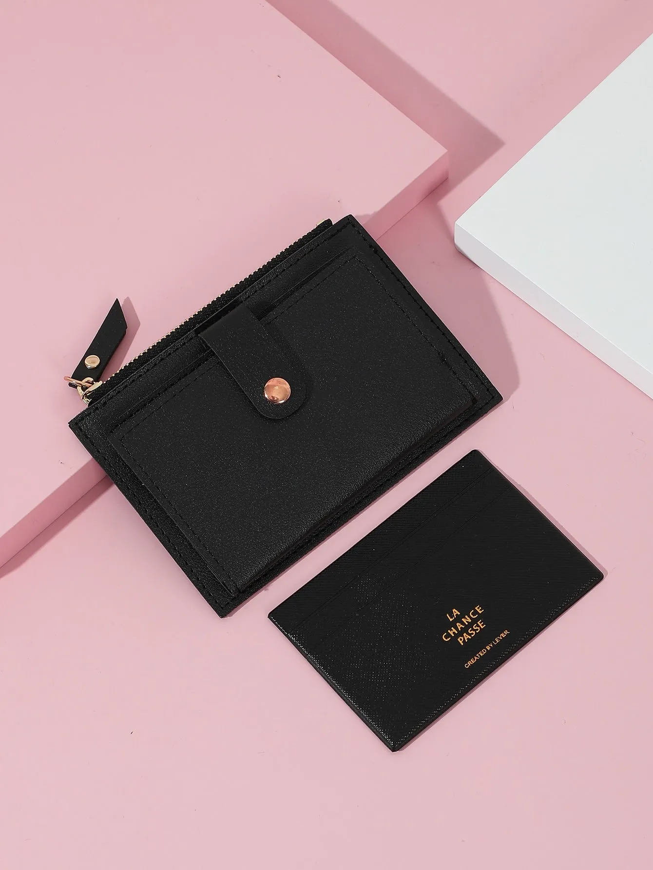 Letter Graphic Snap Button Detail Card Holder With Inner Pouch - Black