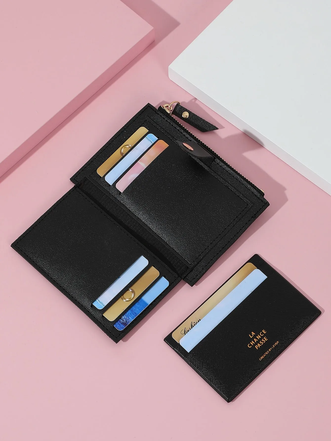 Letter Graphic Snap Button Detail Card Holder With Inner Pouch - Black