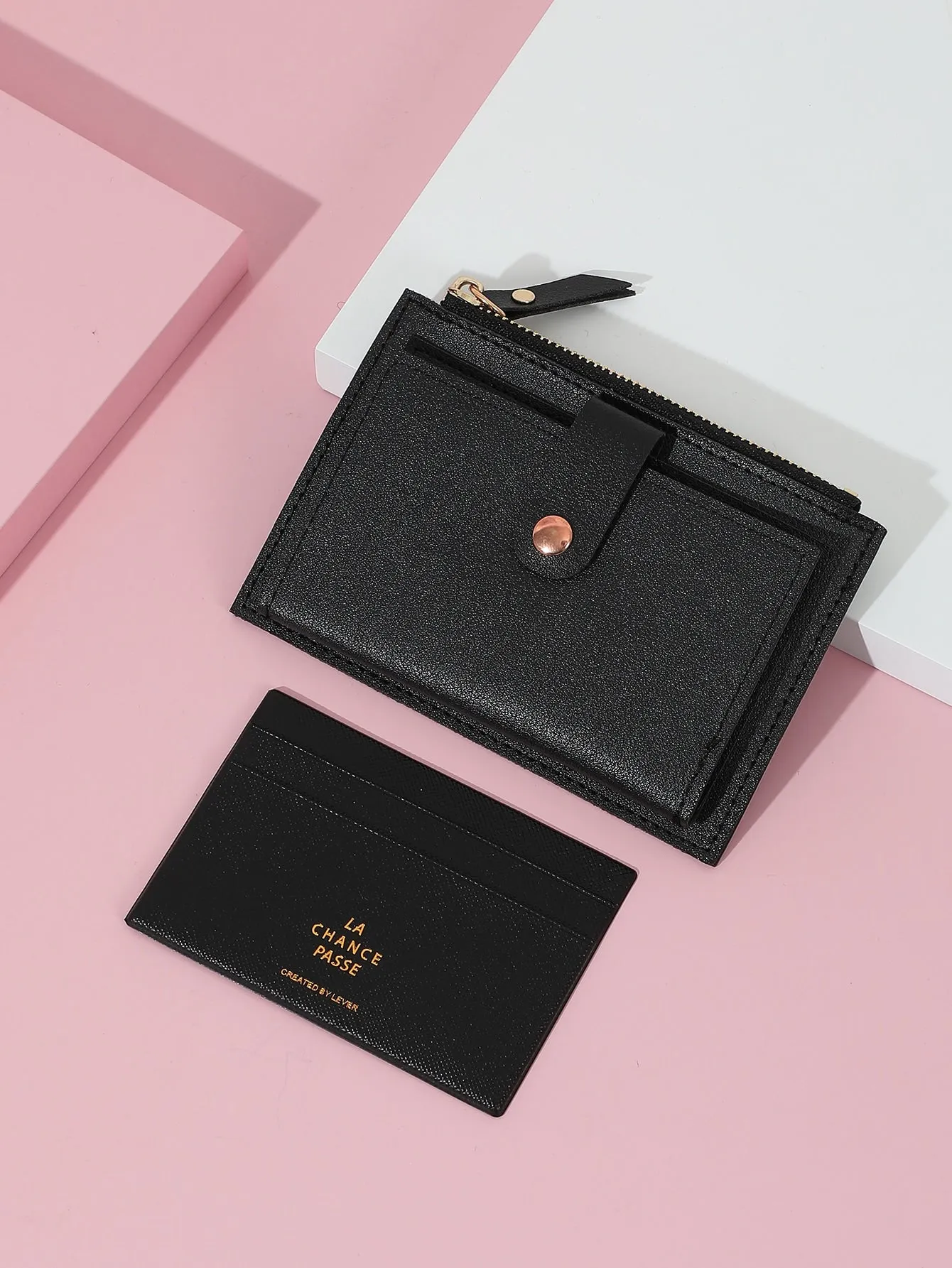 Letter Graphic Snap Button Detail Card Holder With Inner Pouch - Black