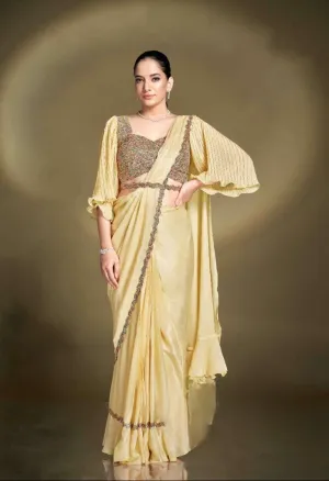 Light Yellow Pre-Draped Crepe Satin Silk Saree