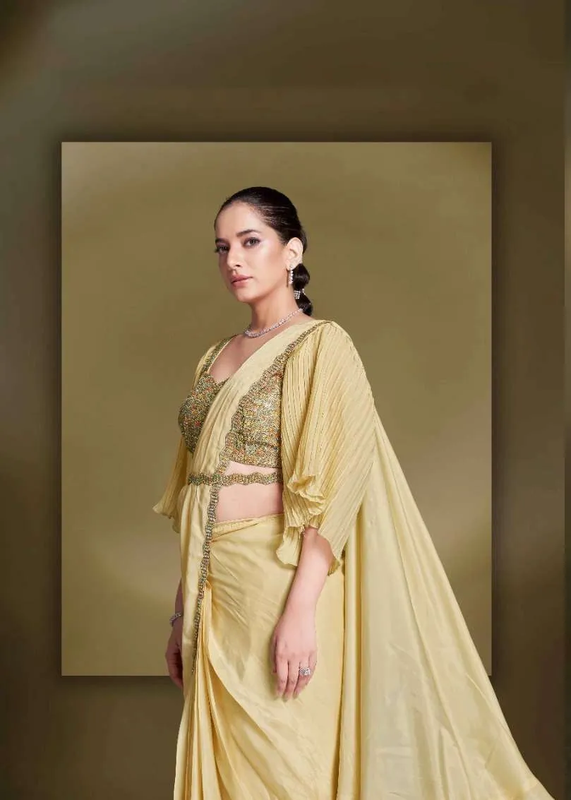Light Yellow Pre-Draped Crepe Satin Silk Saree