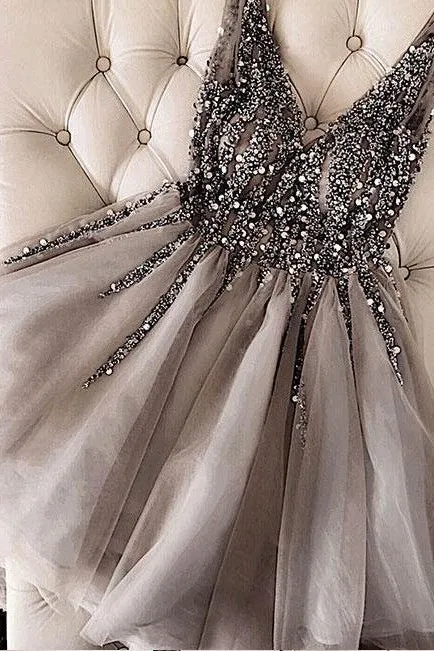 Luxurious Sequins Beaded V-neck Tulle Short Gray Homecoming Dress OKB90