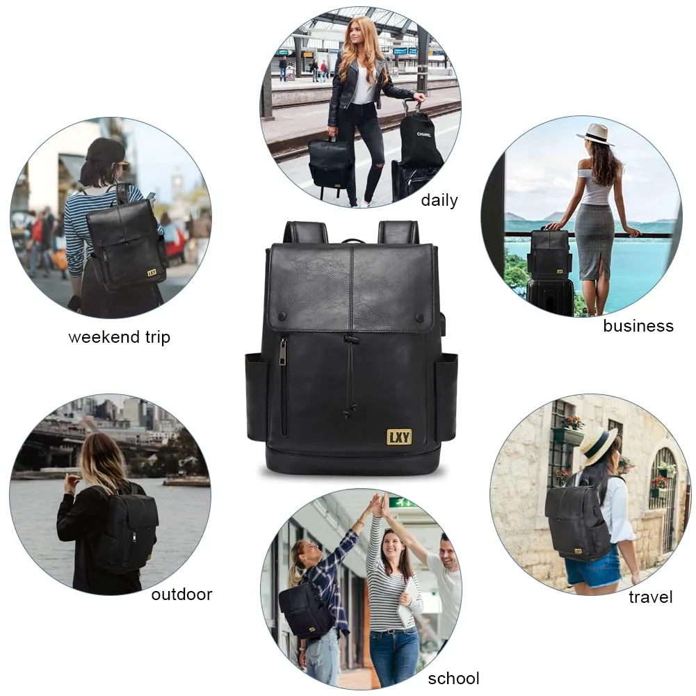 LXY Leather Laptop Backpack Women Vintage Travel Computer Backpack with USB Charging Port, Laptop Purse Book Bag for Ladies Black
