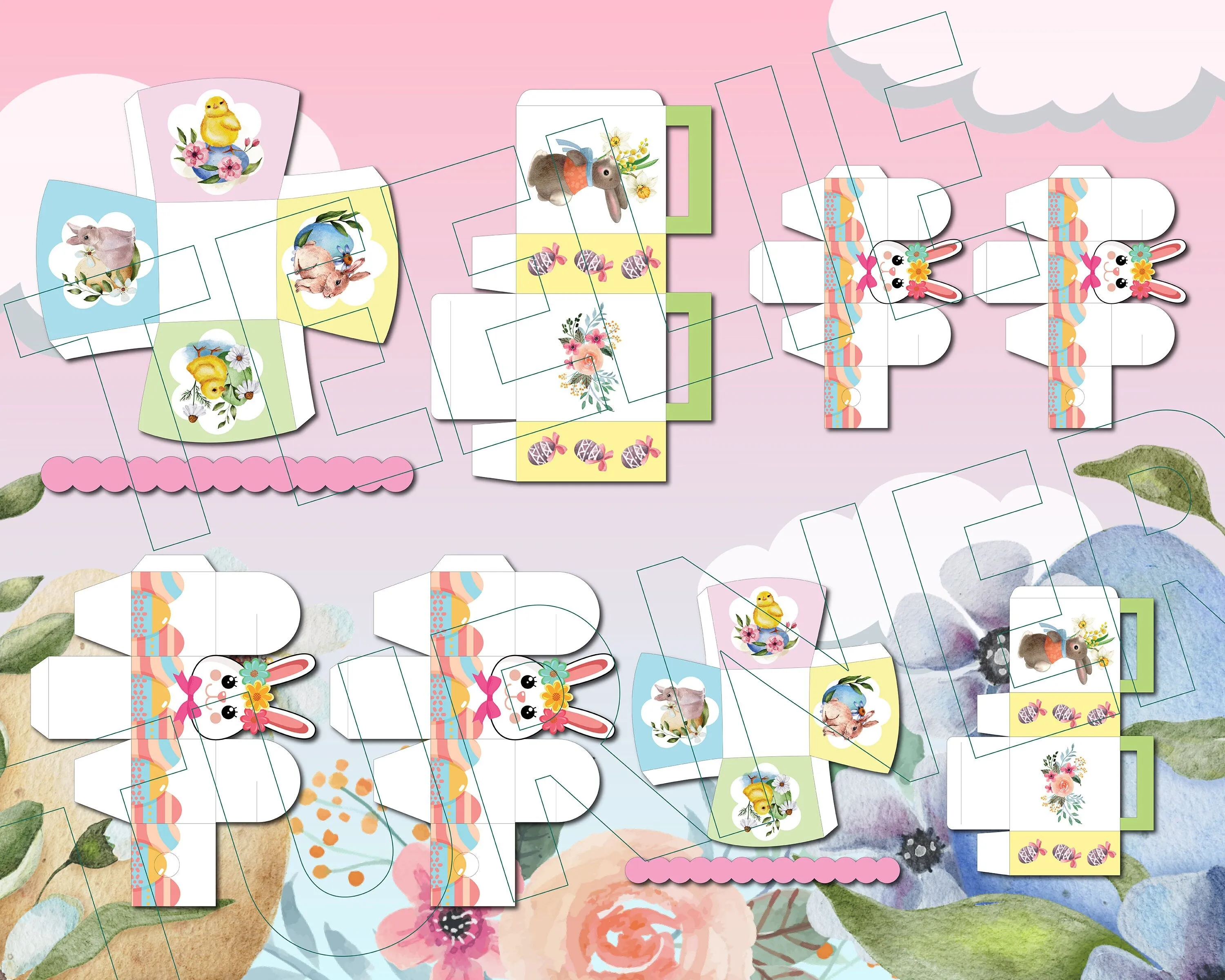 Magical Digital Easter Downloadable Plates, Bags And Bunny Boxes