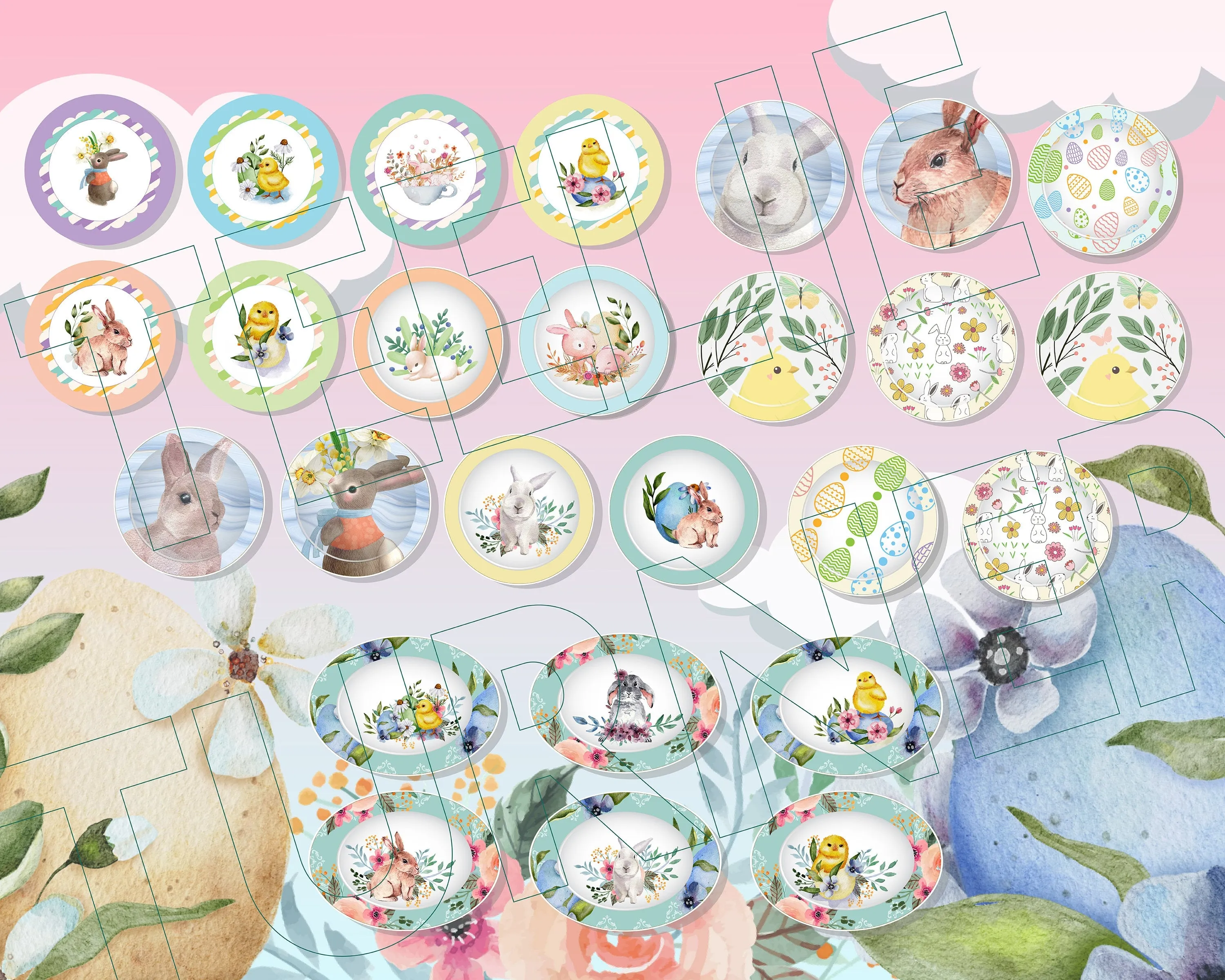 Magical Digital Easter Downloadable Plates, Bags And Bunny Boxes
