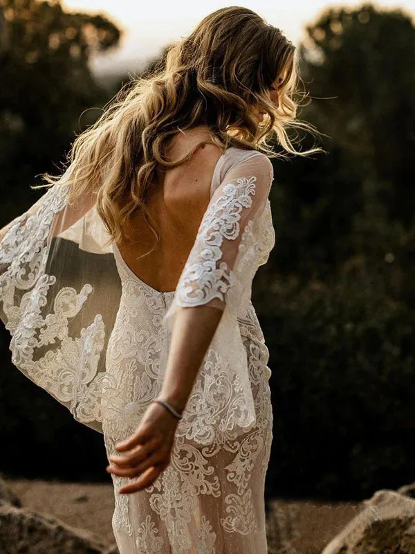 Mermaid Scoop Half Sleeves Backless Long Wedding Dress With Lace Appliques OK1514