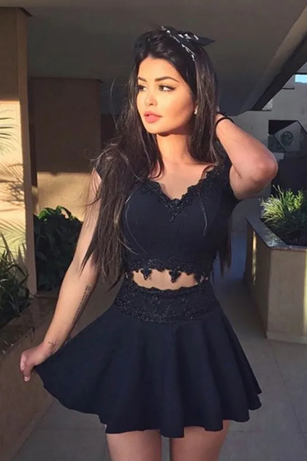 Modern A-Line V-Neck Cap Sleeveless Prom Dress,Black Short Homecoming Dress Appliques OK477