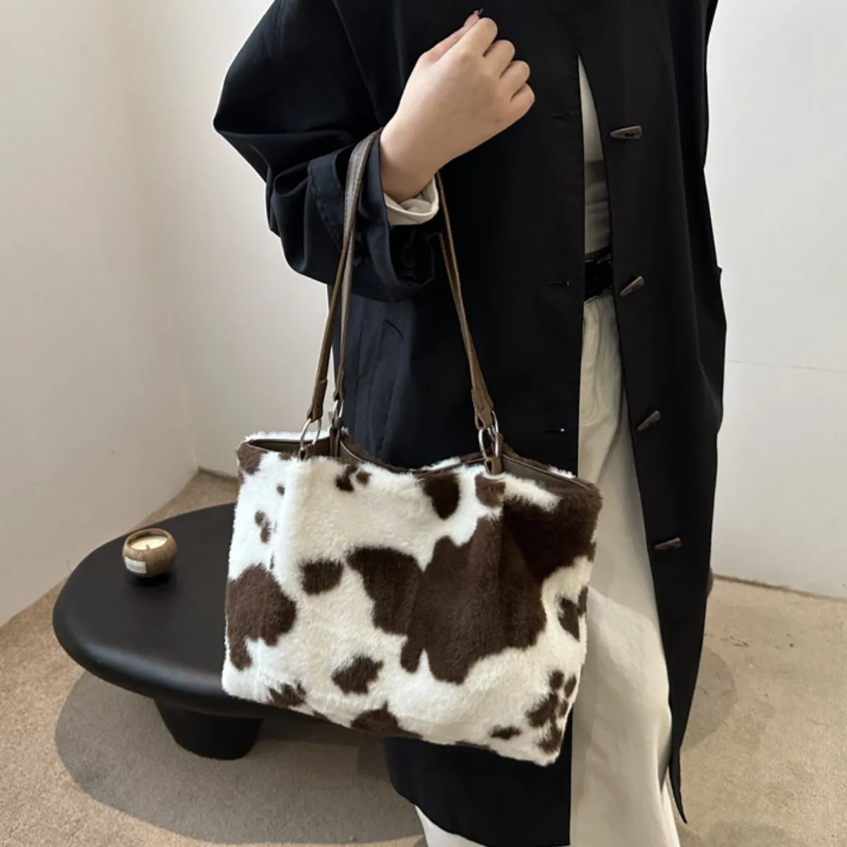 Moo Mood Tote – Cow Print Faux Fur Statement Bag