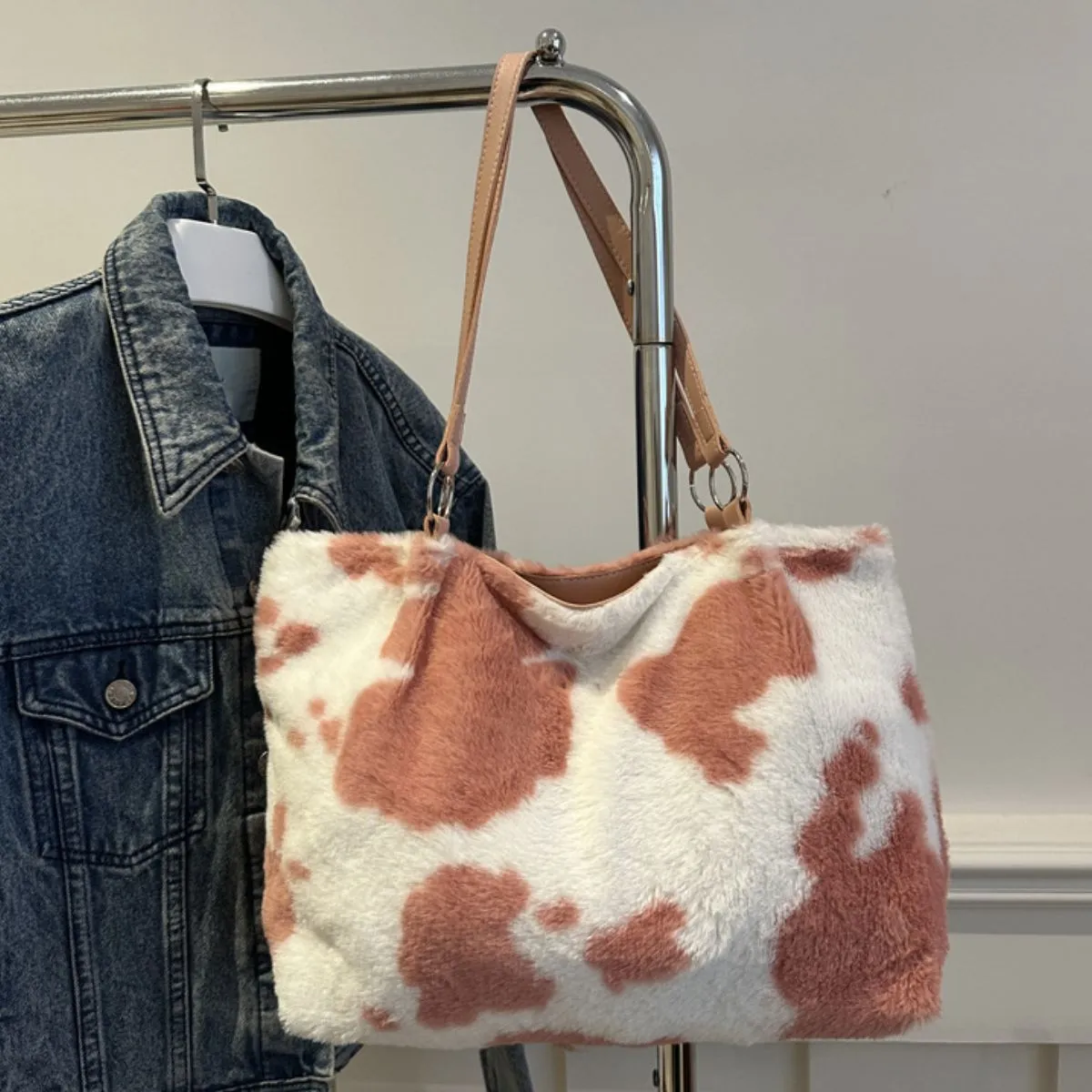 Moo Mood Tote – Cow Print Faux Fur Statement Bag