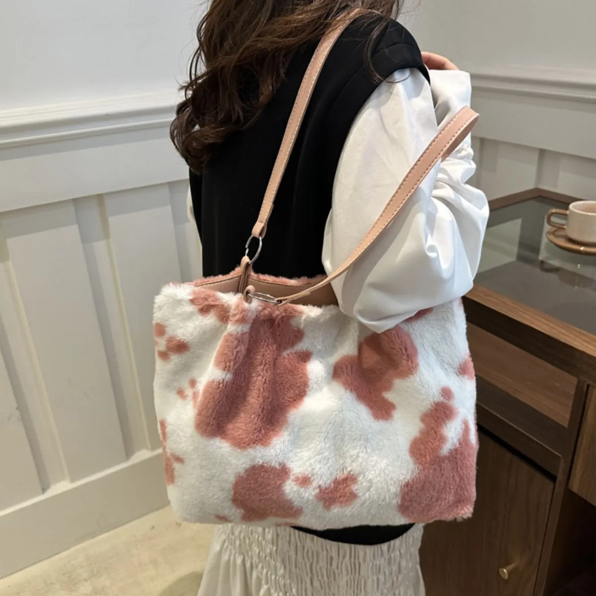 Moo Mood Tote – Cow Print Faux Fur Statement Bag