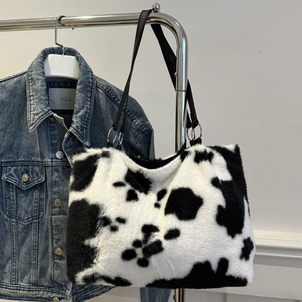 Moo Mood Tote – Cow Print Faux Fur Statement Bag
