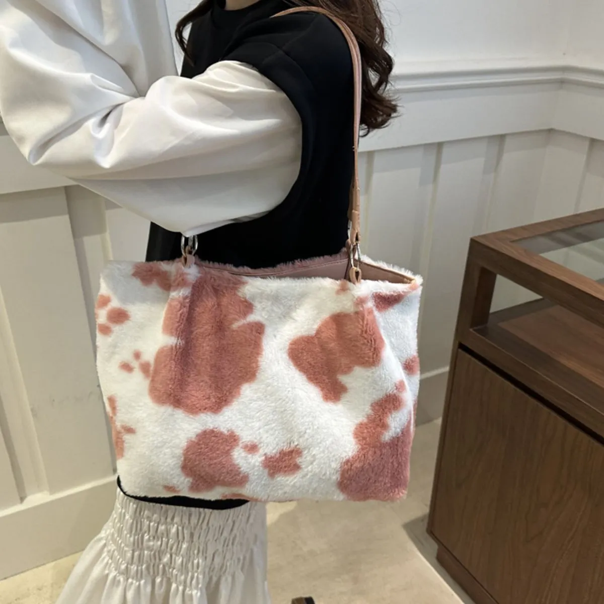 Moo Mood Tote – Cow Print Faux Fur Statement Bag