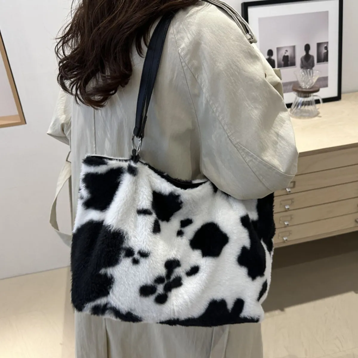 Moo Mood Tote – Cow Print Faux Fur Statement Bag