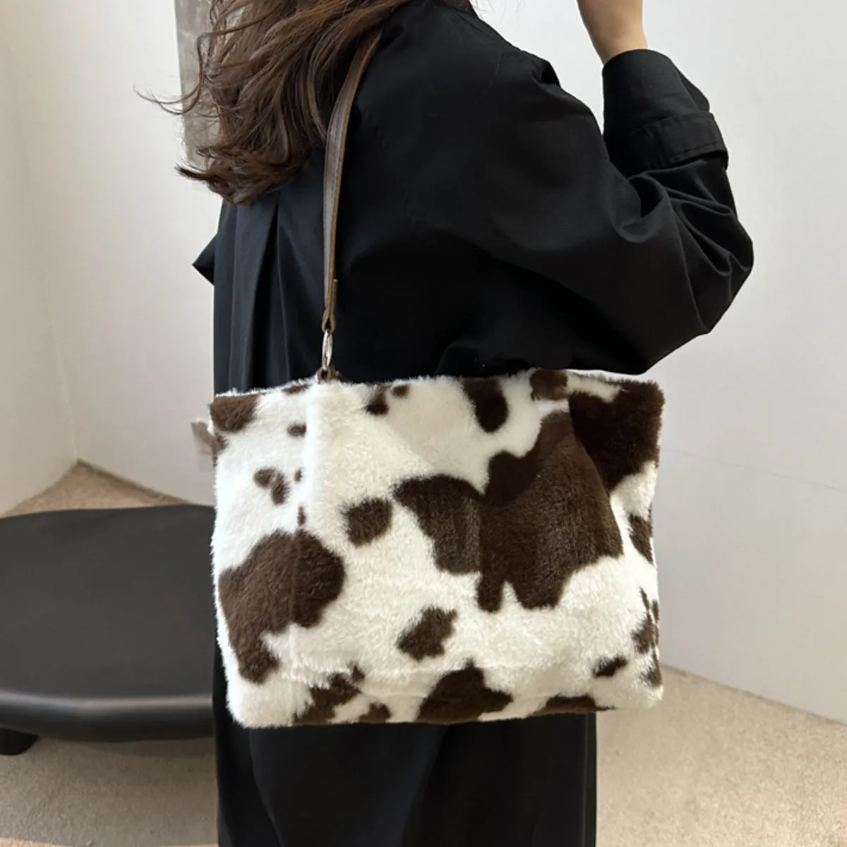 Moo Mood Tote – Cow Print Faux Fur Statement Bag