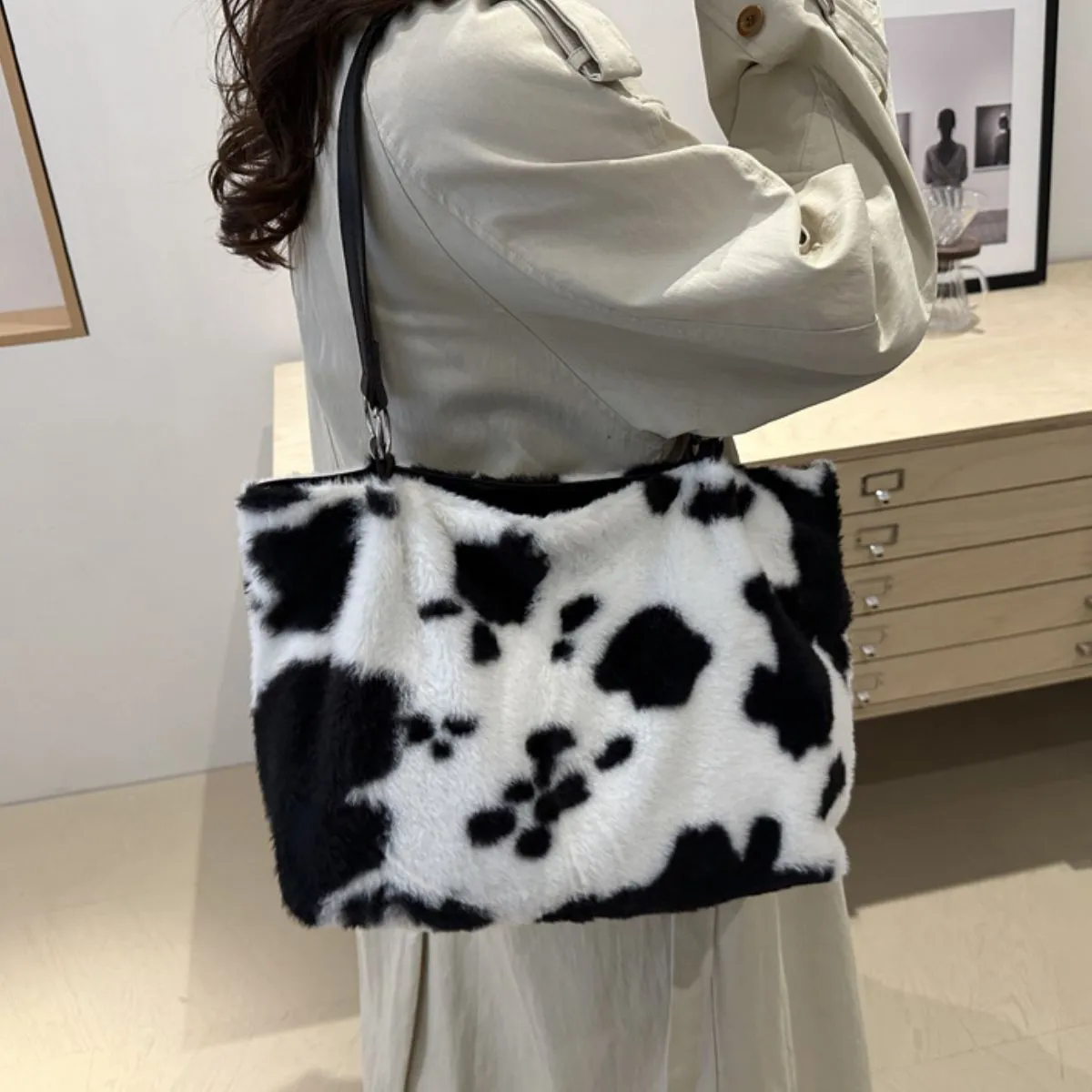 Moo Mood Tote – Cow Print Faux Fur Statement Bag