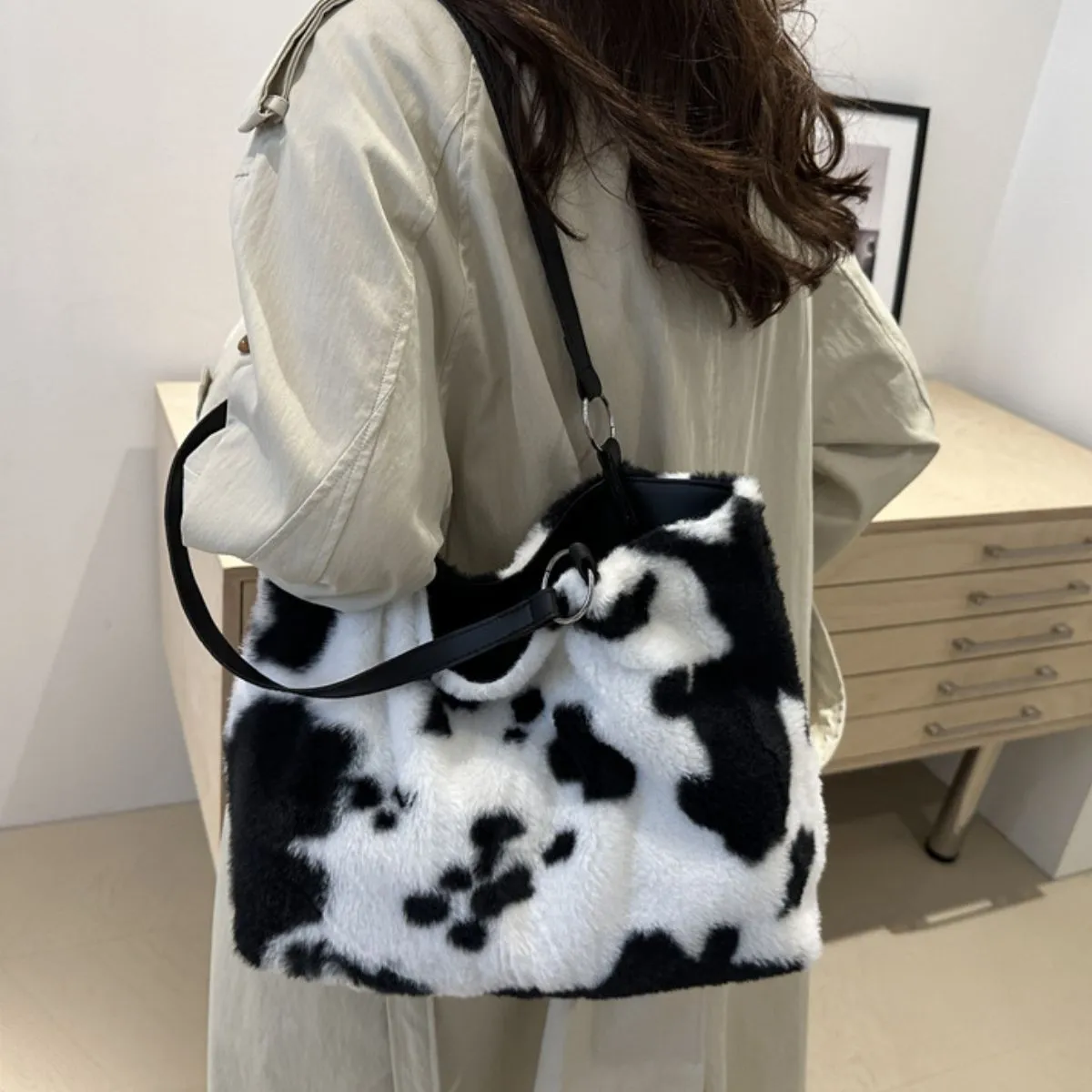 Moo Mood Tote – Cow Print Faux Fur Statement Bag