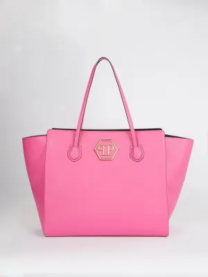 Pink Contrast Leather Tote Bag