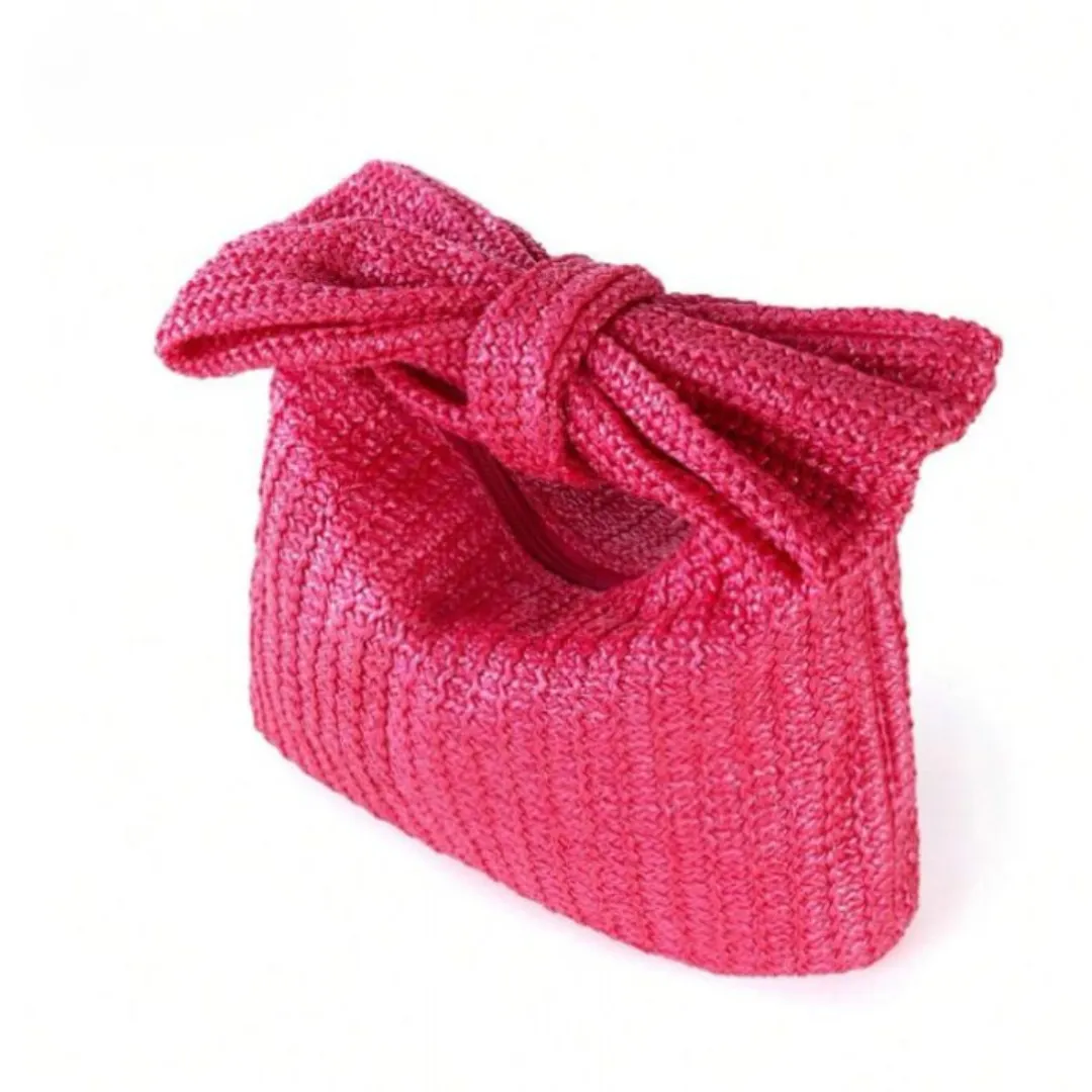 Pink Straw Bow Clutch Bag