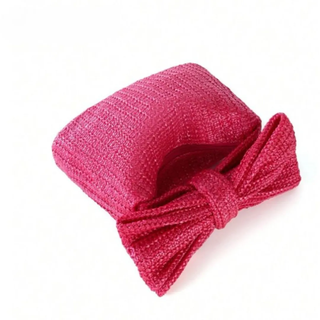 Pink Straw Bow Clutch Bag