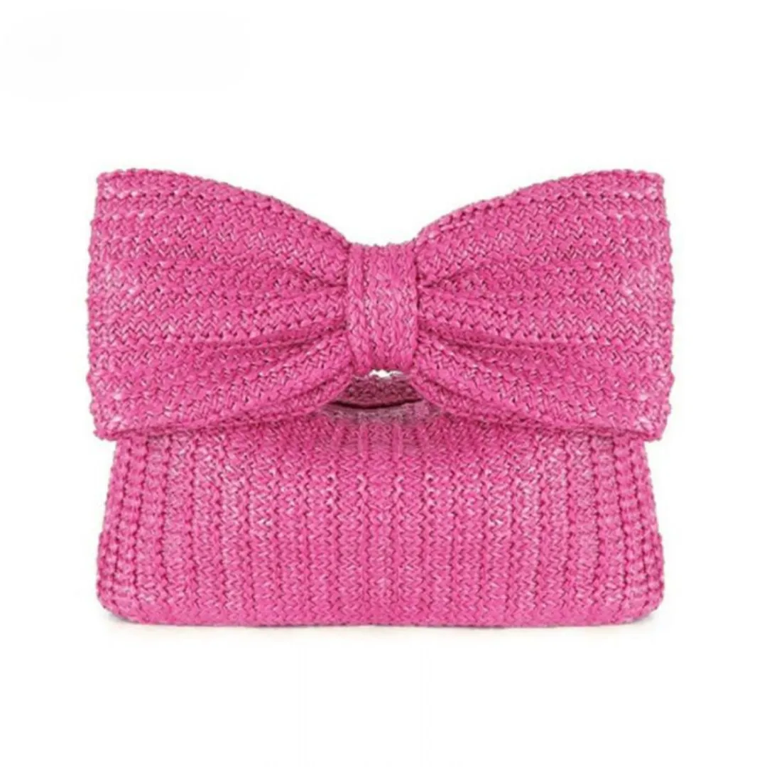 Pink Straw Bow Clutch Bag