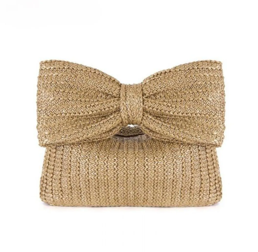 Pink Straw Bow Clutch Bag