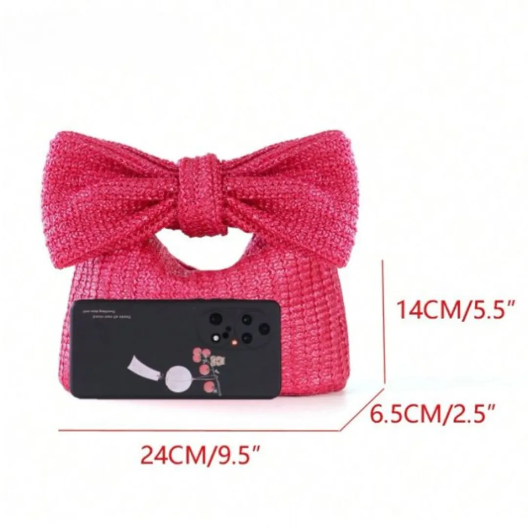 Pink Straw Bow Clutch Bag