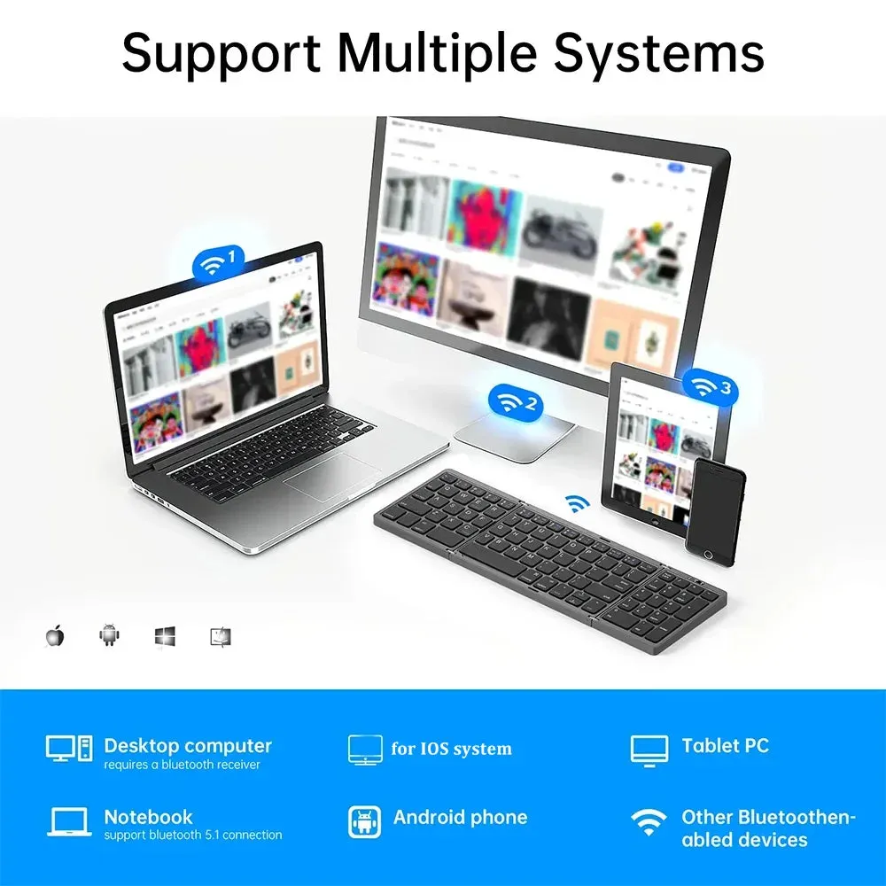 Portable Mini Three Folding Bluetooth Keyboard Wireless Foldable Keypad