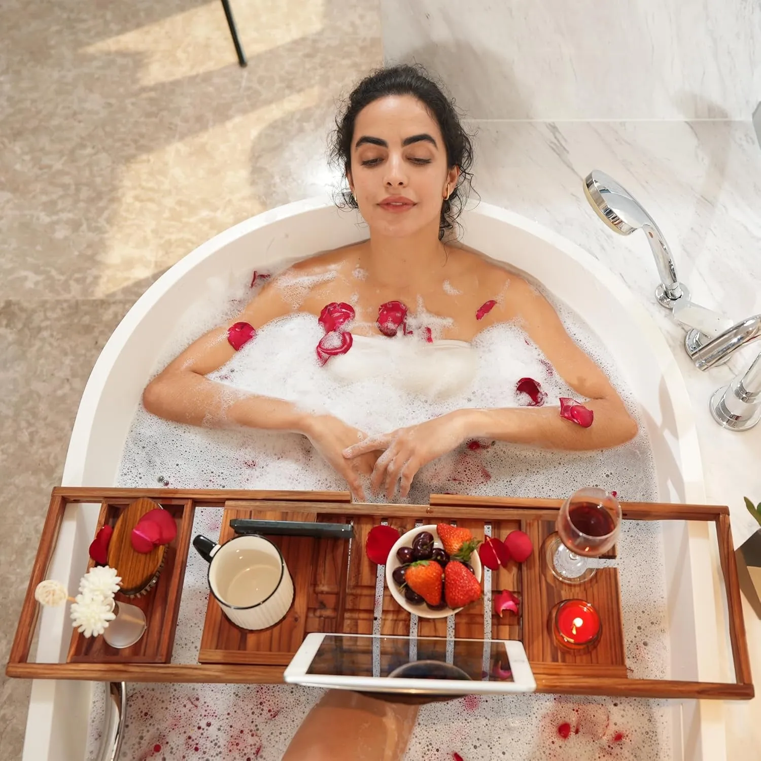 Premium Teak Bathtub Tray, Expandable Wooden Bath Tray for Tub, Luxury Bathtub & Bathroom Accessories, Great House Warming, Anniversary & Wedding and Birthday Gifts (Free Teak Body Brush)