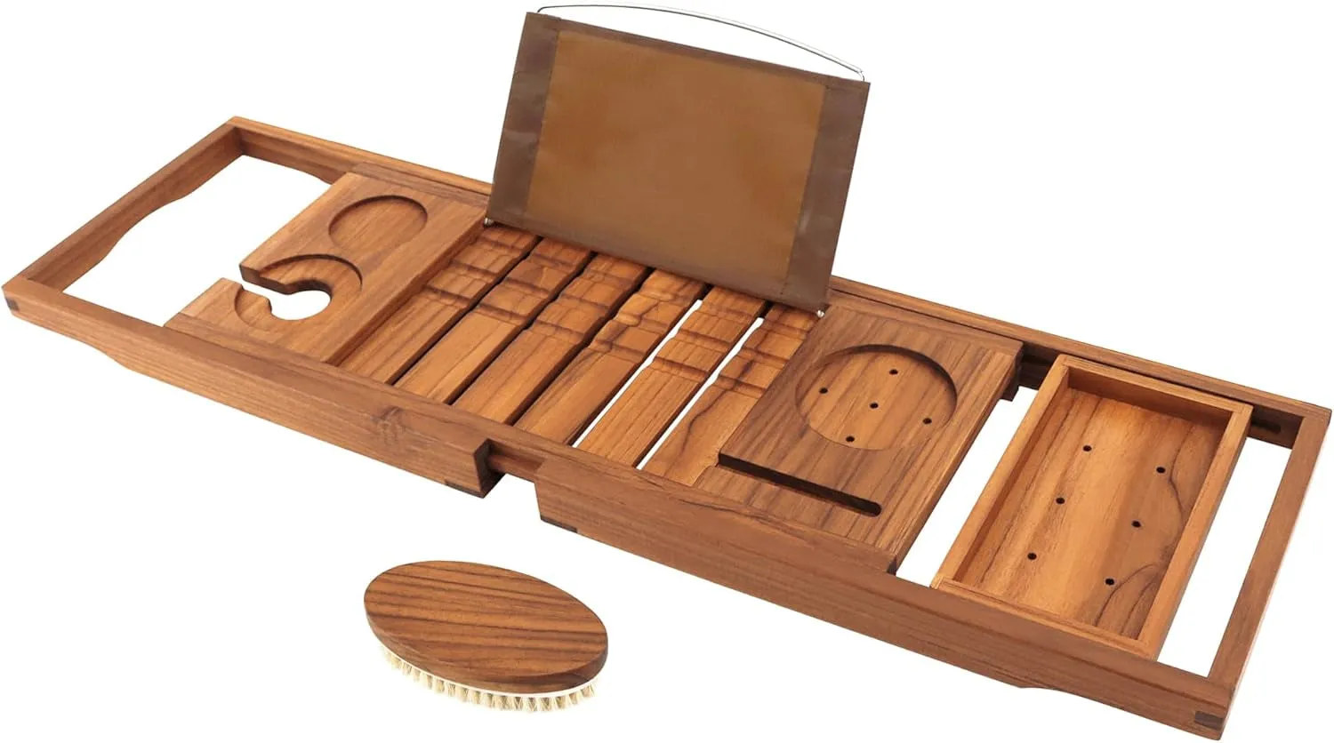 Premium Teak Bathtub Tray, Expandable Wooden Bath Tray for Tub, Luxury Bathtub & Bathroom Accessories, Great House Warming, Anniversary & Wedding and Birthday Gifts (Free Teak Body Brush)