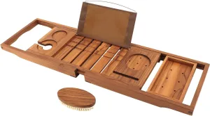 Premium Teak Bathtub Tray, Expandable Wooden Bath Tray for Tub, Luxury Bathtub & Bathroom Accessories, Great House Warming, Anniversary & Wedding and Birthday Gifts (Free Teak Body Brush)