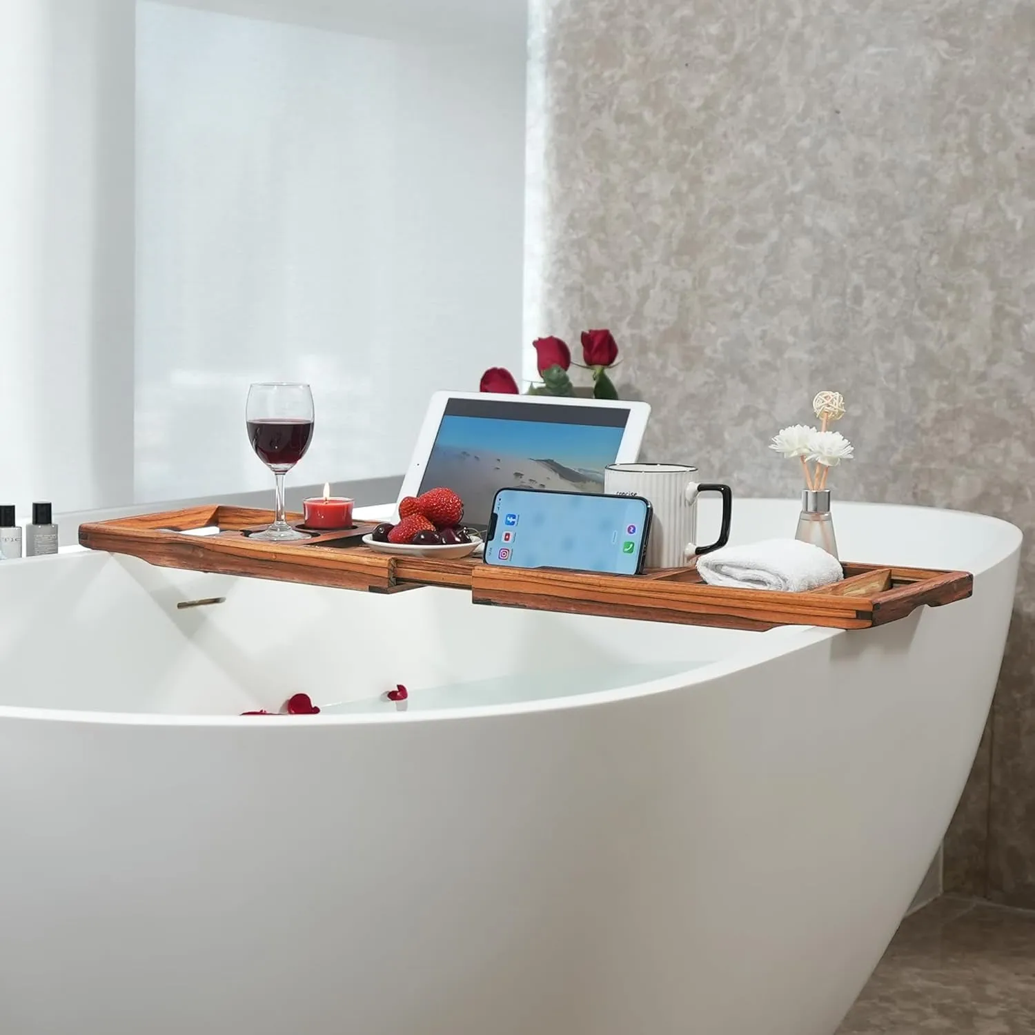 Premium Teak Bathtub Tray, Expandable Wooden Bath Tray for Tub, Luxury Bathtub & Bathroom Accessories, Great House Warming, Anniversary & Wedding and Birthday Gifts (Free Teak Body Brush)