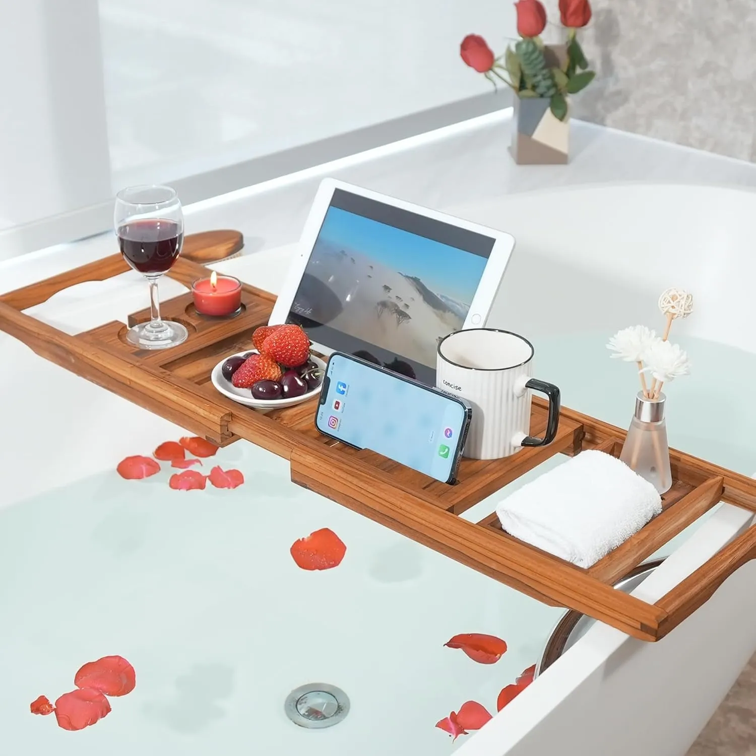 Premium Teak Bathtub Tray, Expandable Wooden Bath Tray for Tub, Luxury Bathtub & Bathroom Accessories, Great House Warming, Anniversary & Wedding and Birthday Gifts (Free Teak Body Brush)