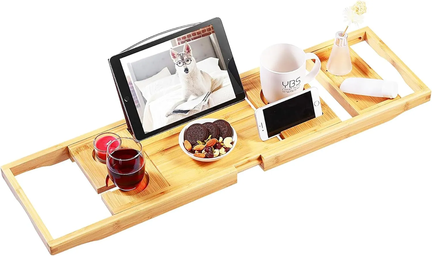 Premium Teak Bathtub Tray, Expandable Wooden Bath Tray for Tub, Luxury Bathtub & Bathroom Accessories, Great House Warming, Anniversary & Wedding and Birthday Gifts (Free Teak Body Brush)