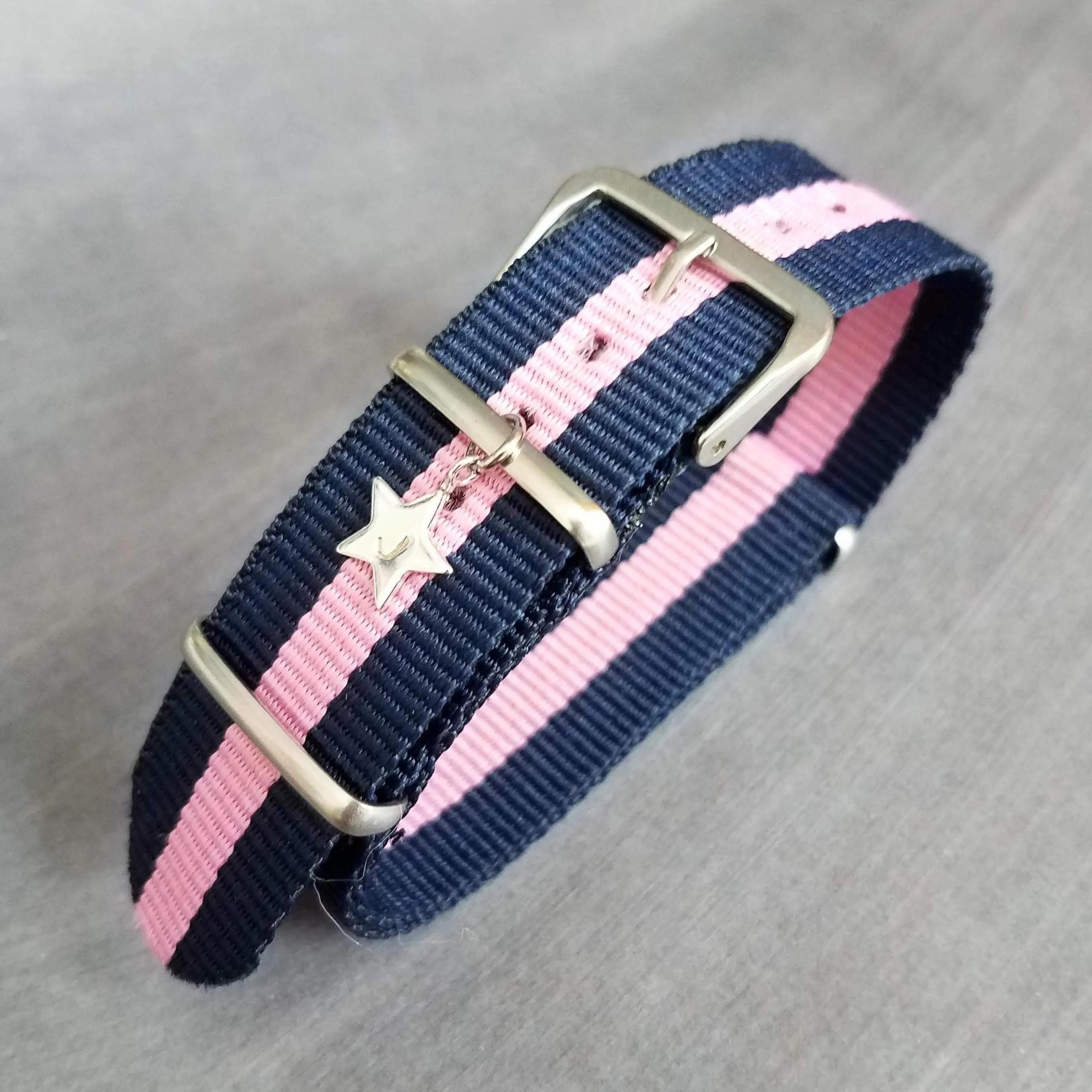 Preppy Stripe Bracelet, navy blue pink stripe bracelet, seatbelt bracelet, seat belt strap, personalized bracelet, initial star, trendy prep