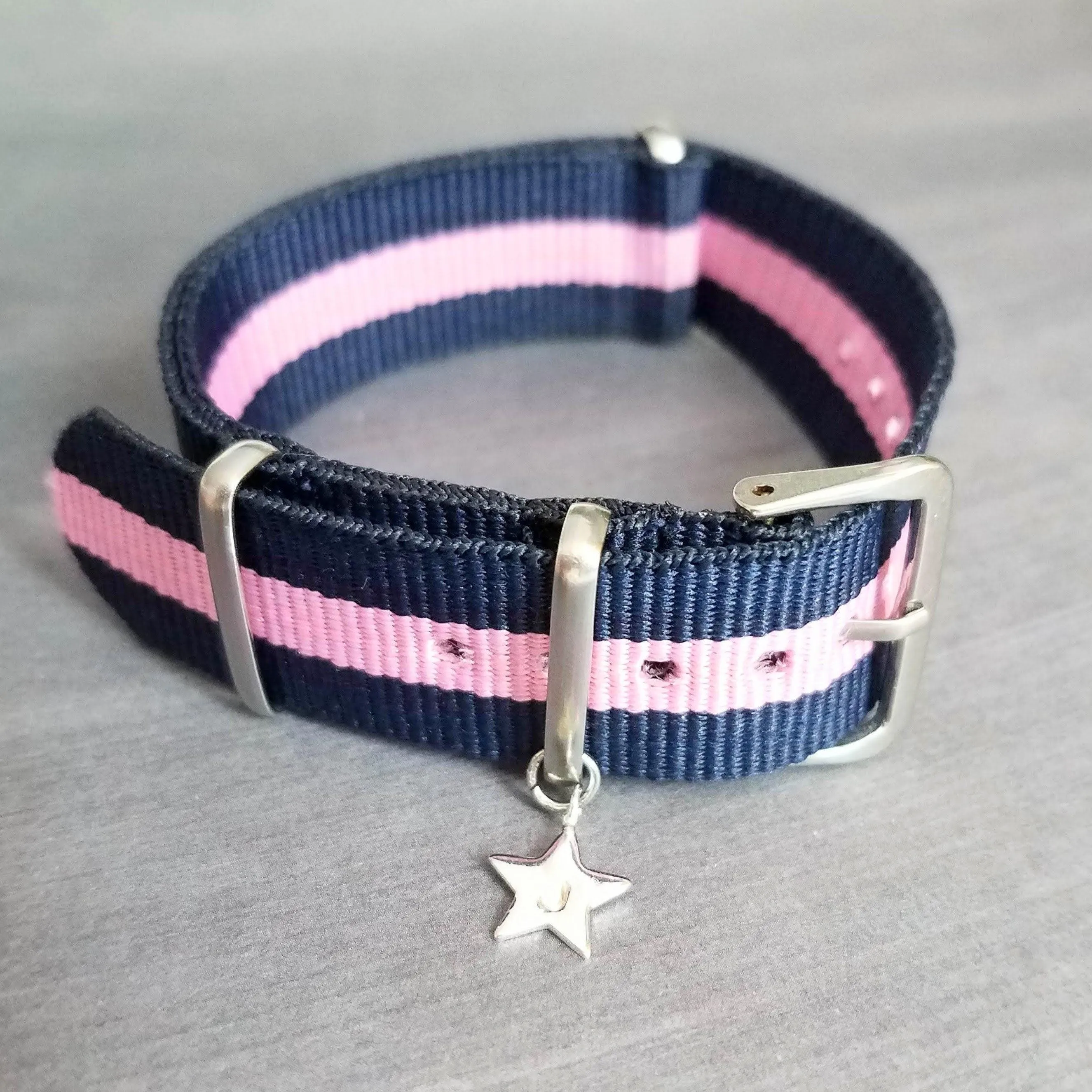 Preppy Stripe Bracelet, navy blue pink stripe bracelet, seatbelt bracelet, seat belt strap, personalized bracelet, initial star, trendy prep