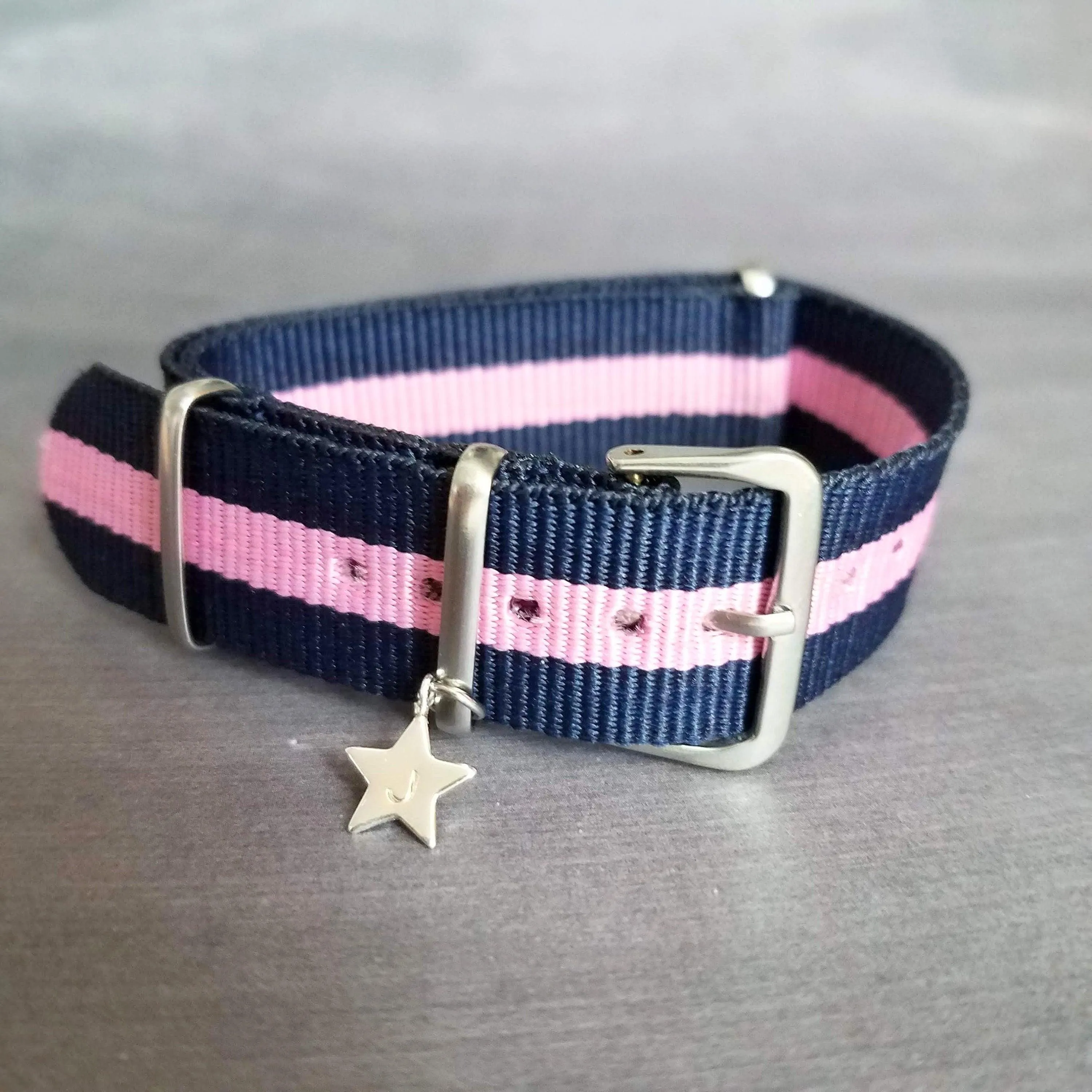 Preppy Stripe Bracelet, navy blue pink stripe bracelet, seatbelt bracelet, seat belt strap, personalized bracelet, initial star, trendy prep