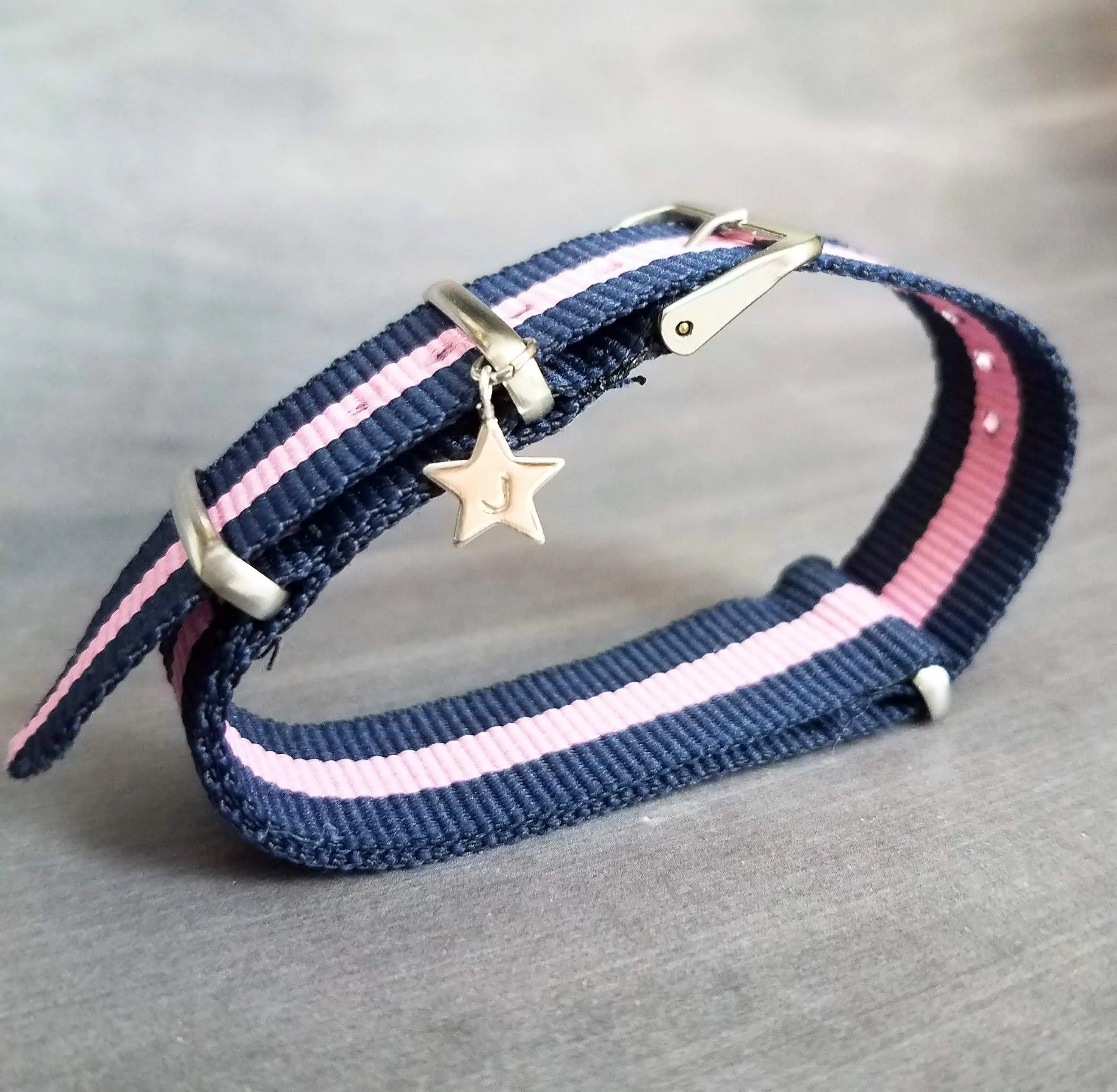 Preppy Stripe Bracelet, navy blue pink stripe bracelet, seatbelt bracelet, seat belt strap, personalized bracelet, initial star, trendy prep