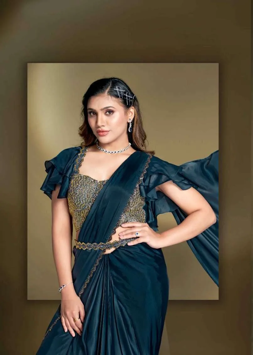 Prussian Blue Pre-Draped Crepe Satin Silk Saree