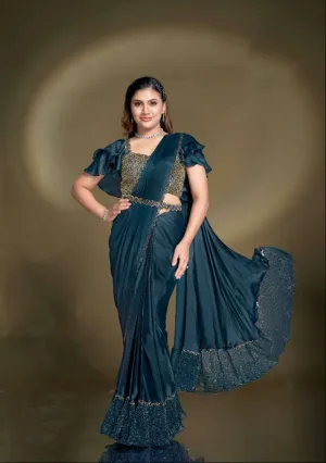 Prussian Blue Pre-Draped Crepe Satin Silk Saree