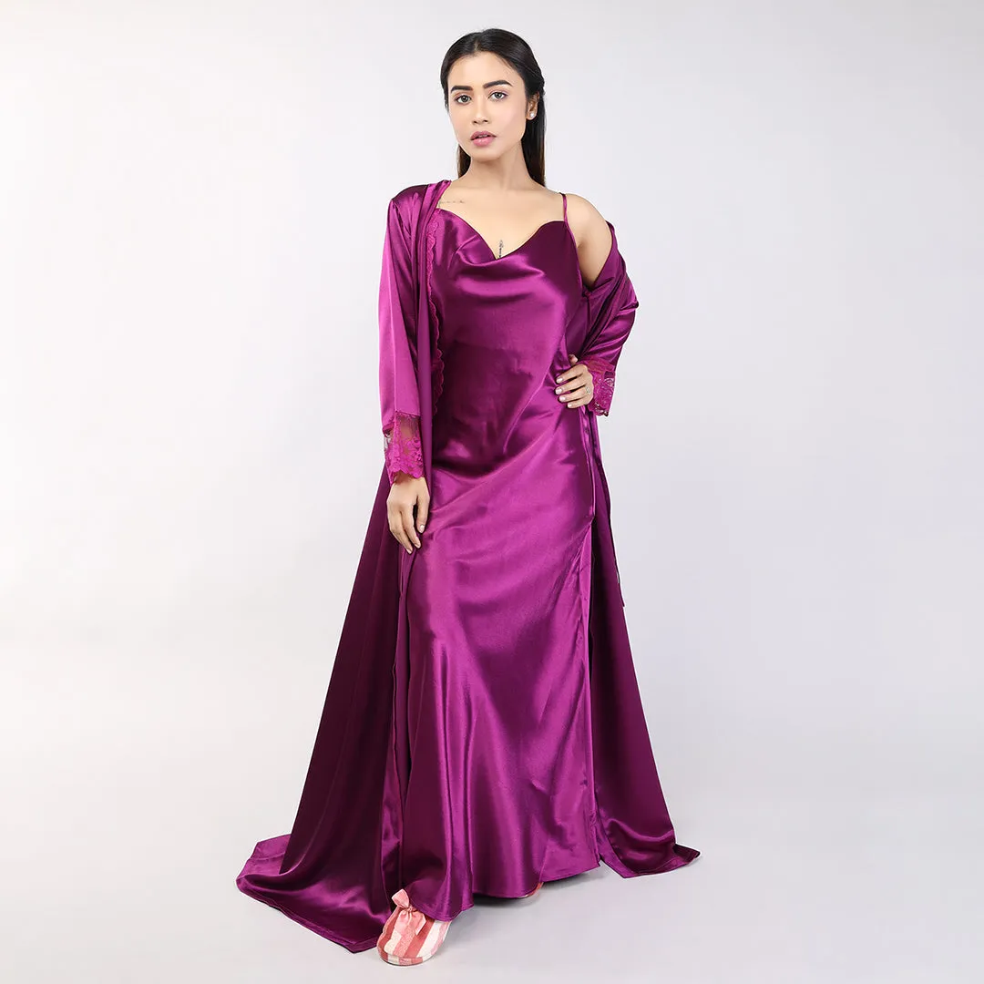 Purple Satin Bridal Nighty Gown Set