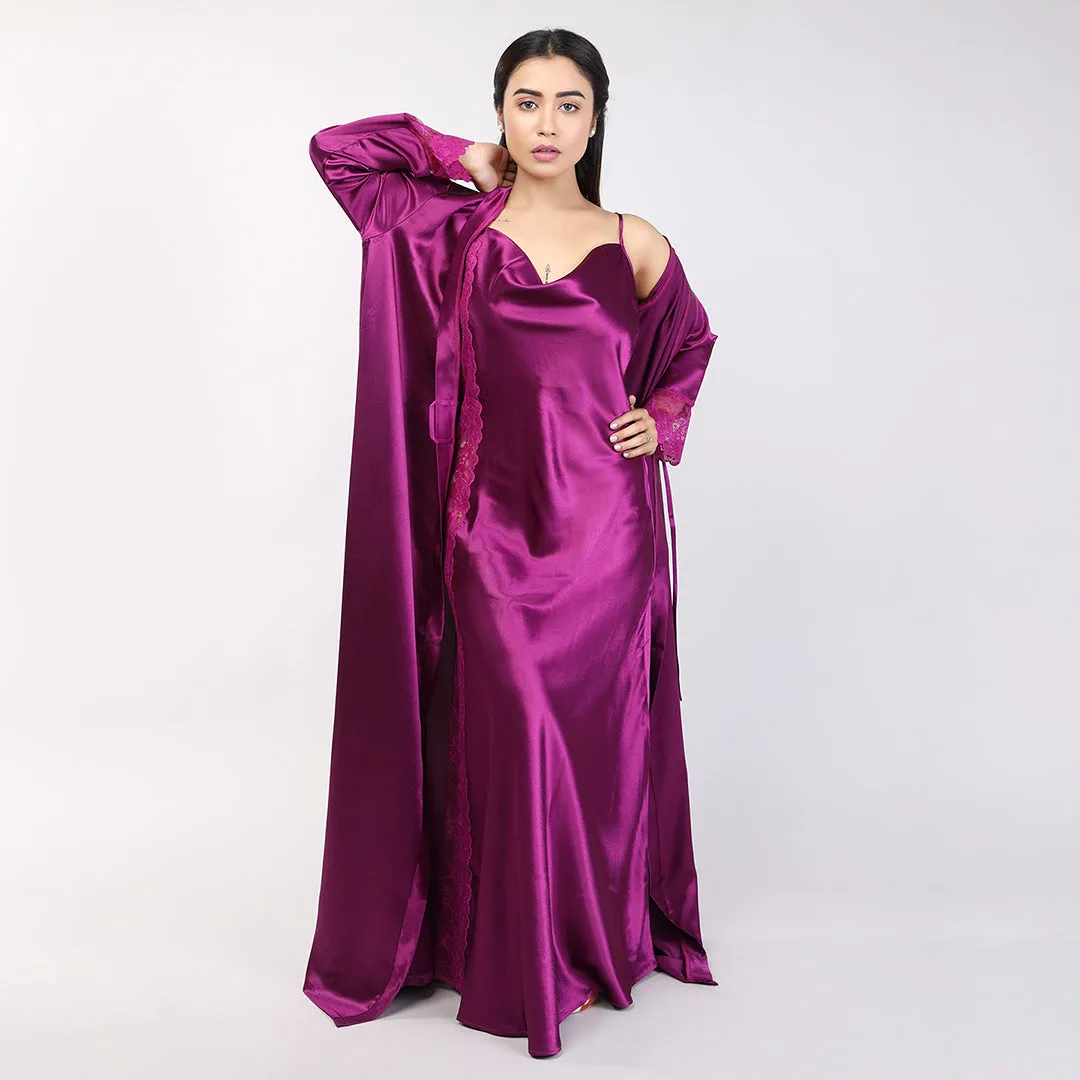 Purple Satin Bridal Nighty Gown Set