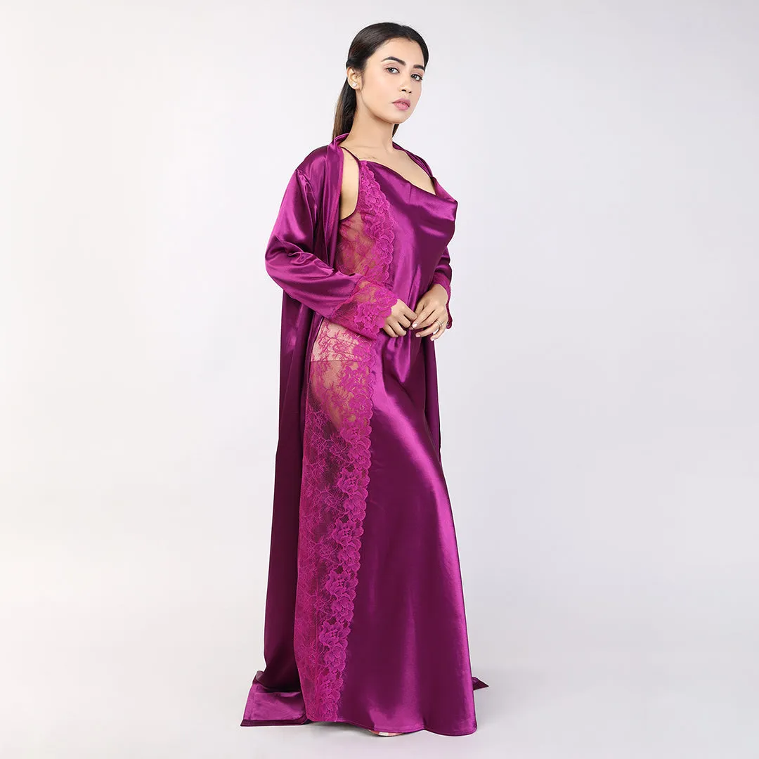 Purple Satin Bridal Nighty Gown Set