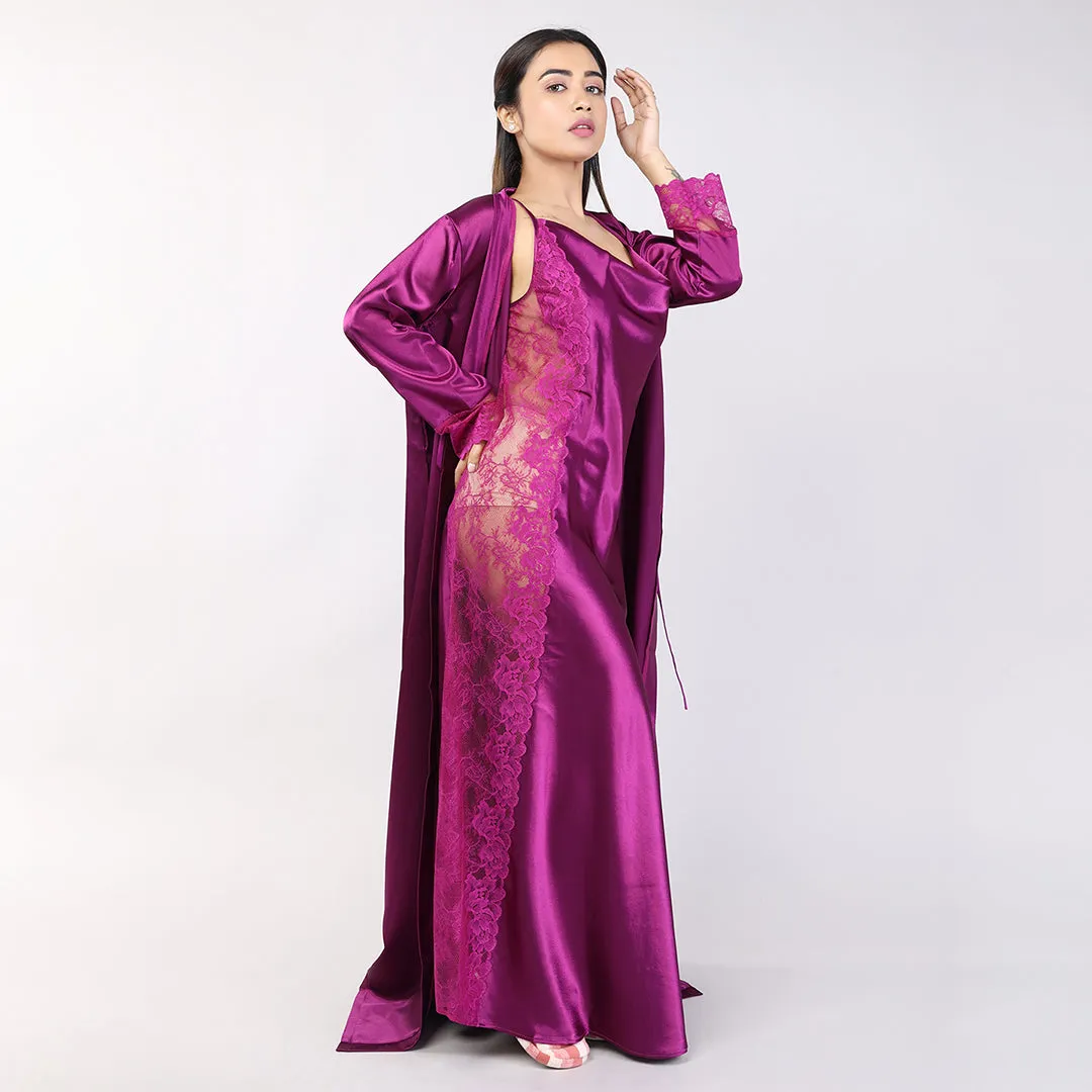 Purple Satin Bridal Nighty Gown Set