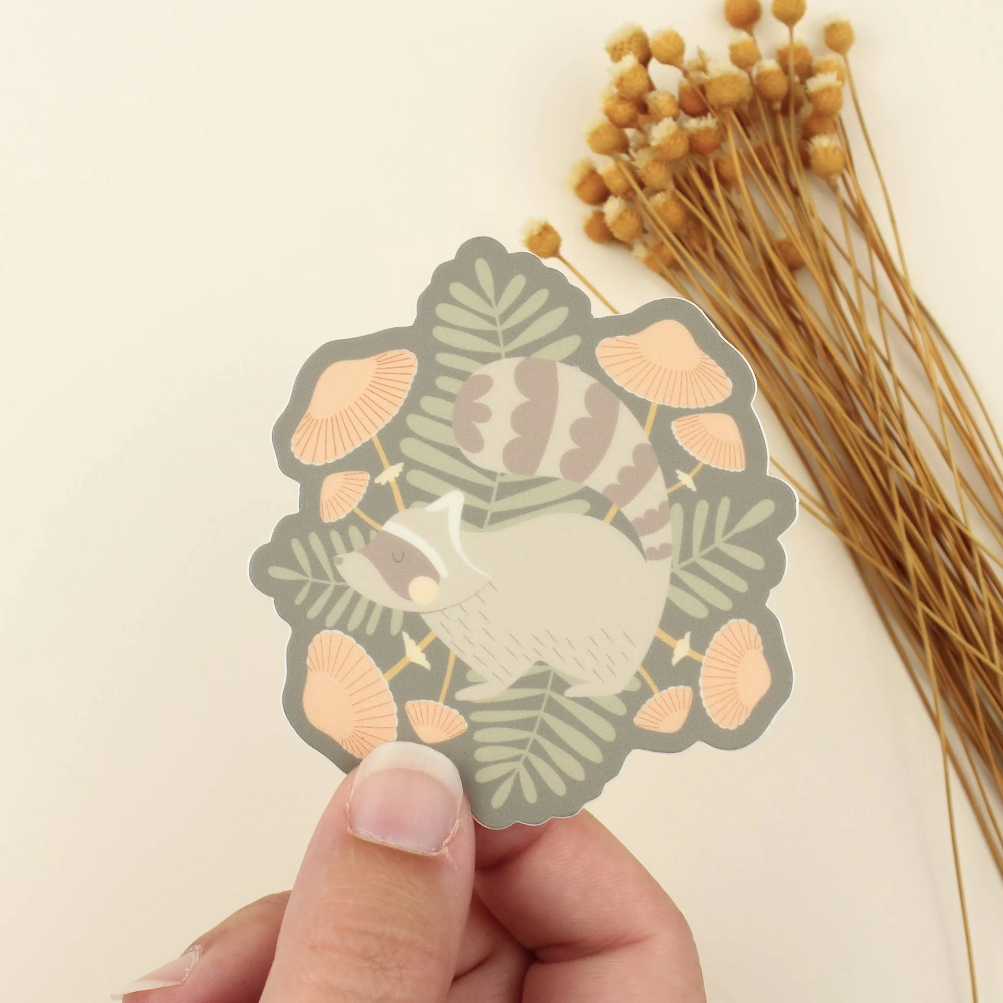 Raccoon and Mushrooms, Nature Lover Sticker
